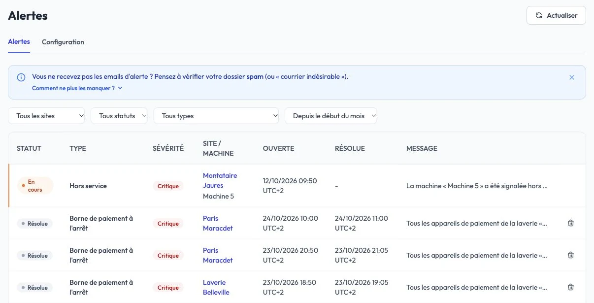 Alertes LavPilote : machine hors service et incidents de borne de paiement, en cours ou résolus